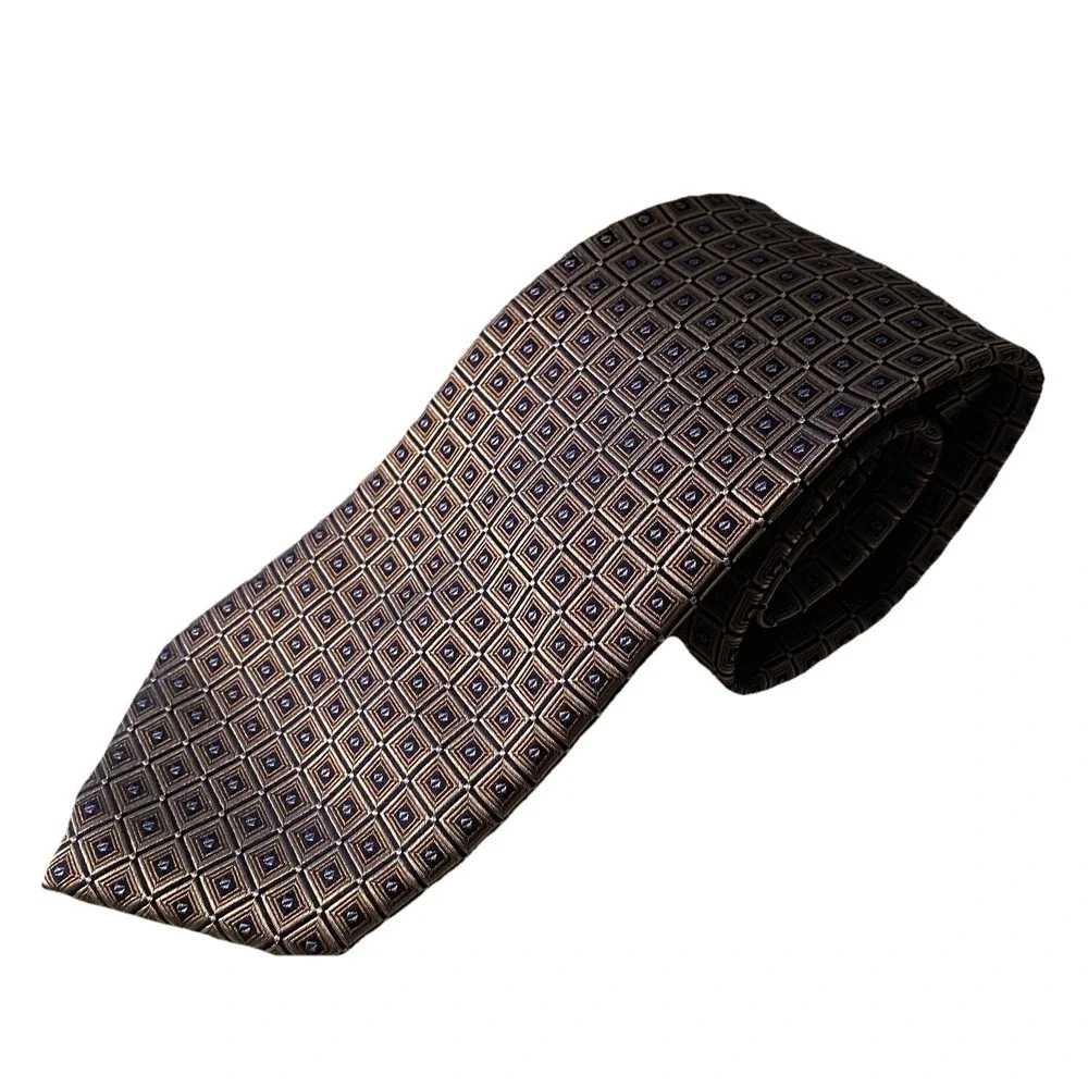 Nautica Men's 100% Silk Neck Tie Geometric Squares Gold & Blue 58